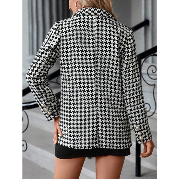 Houndstooth Lapel Collar Double Breasted pea coat Overcoat black white - Picture 2 of 6